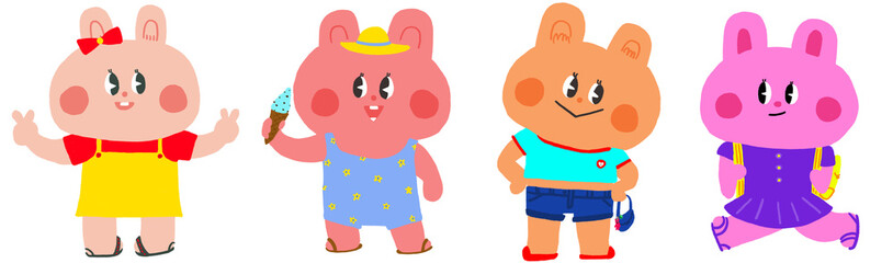 Cute Bunny Friends Set in Colorful Outfits
A group of four cute cartoon bunny characters, each wearing colorful outfits and expressing different personalities. 