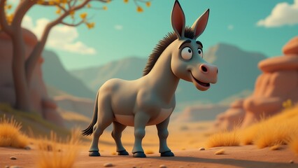 Cartoon donkey in desert landscape