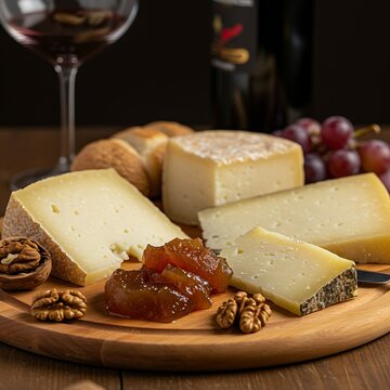  Spanish cheeses, including Manchego and Tetilla, on a wooden cheese board. Accompaniments like quince paste (membrillo), walnuts, and a few grapes are scattered around