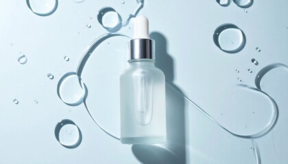 Cosmetic serum bottle with dropper on blue background