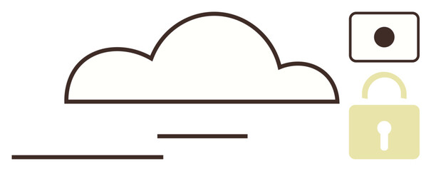 Cloud outline with lock and camera icons emphasizing cybersecurity, protection, privacy, and data management. Ideal for technology, safety, cloud security, online storage, privacy awareness IT