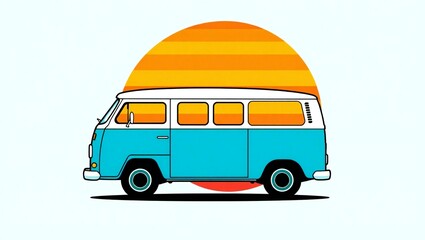 Retro blue camper van driving towards a striped orange sunset