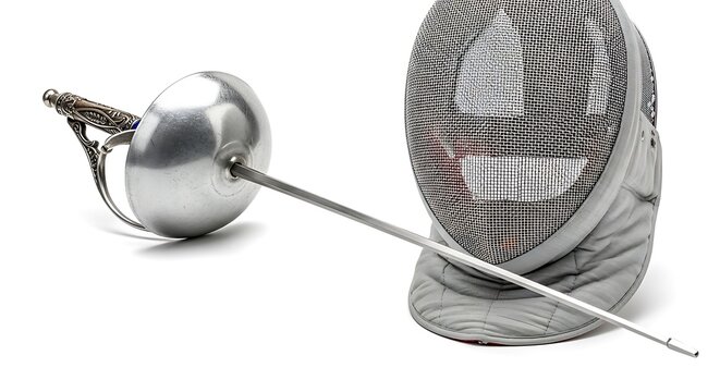 Fencing equipment on a white background, showcasing the mask and sword in a clean studio shot, Fencing mask and foil with a white background, emphasizing the sport's gear - Powered by Adobe