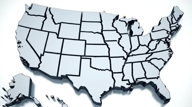 Map of United States of America showing different states. Animated usa contiguous lower 48 u.s. state map on an isolated chroma key background.