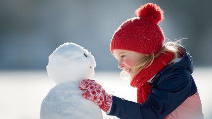 Happy child building snowman in winter wonderland. Girl wearing red knit hat and scarf playing in fresh snow. Perfect winter fun and holiday activities concept.