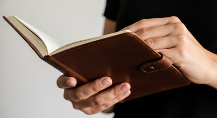 A person is flipping through the pages of a leather notebook