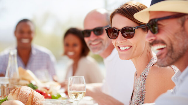 Summer friends dining outdoor restaurant terrace vacation lifestyle. Happy people socializing wine lunch celebration sunny day. Group adults smiling leisure gathering festive mood bright clothing.