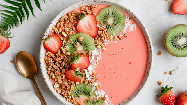 Healthy breakfast smoothie bowl with fresh strawberries, kiwi slices, granola and coconut flakes. Pink smoothie topped with organic fruits and nuts in white bowl on marble background.