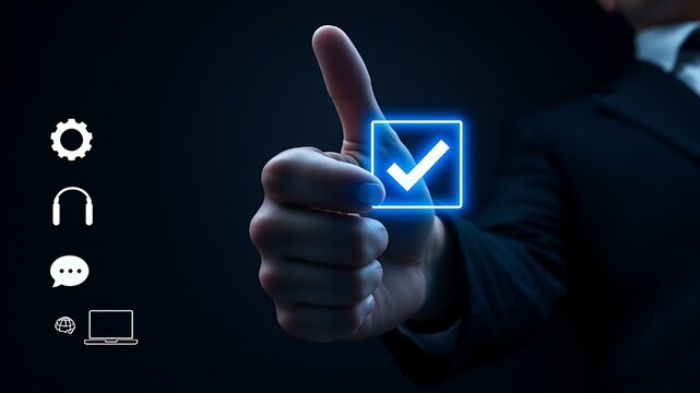 Person giving thumbs up with glowing checkmark hand gesture