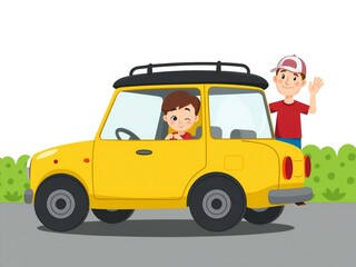 Happy children driving a yellow car on a sunny day