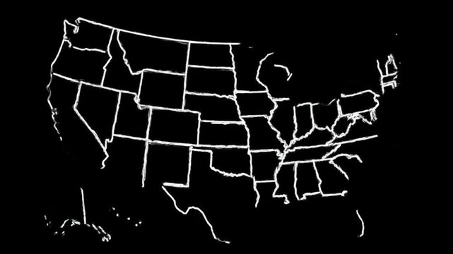 Line Map of United States of America showing different states. Animated usa contiguous lower 48 u.s. state map on an isolated chroma key background.
