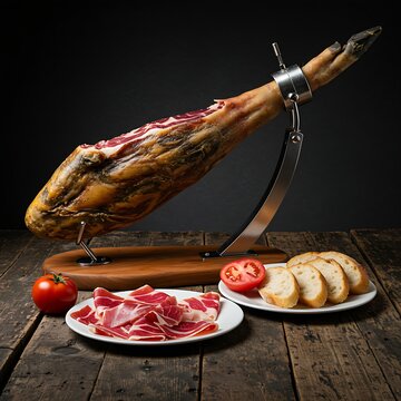 a whole cured Jam&oacute;n Serrano leg, propped up in a traditional jamonero stand on a worn wooden surface. A thin slice of ham is delicately placed on a nearby white plate, accompanied by a few crusty brea