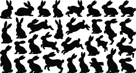 Black Rabbit Silhouettes Various Poses Collection bunny