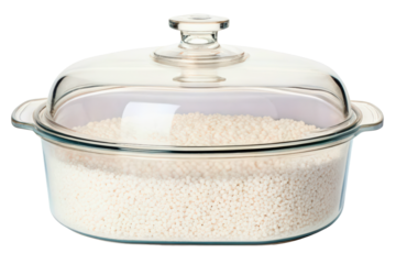 Glass cooking pot with a lid filled with dry tapioca pearls isolated with transparent background