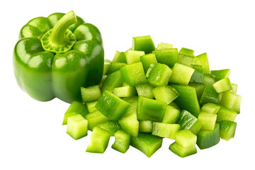 Fresh green bell pepper whole and diced for cooking preparation isolated with transparent background