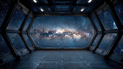 Interior view of a spacecraft window overlooking the vast, brilliant Milky Way galaxy.