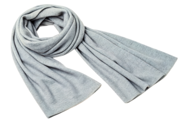 Soft light gray wool scarf folded in looped drape design isolated with transparent background