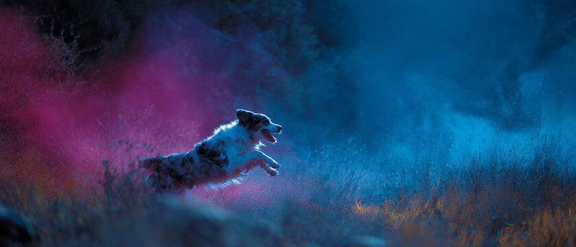 joyful dog running in CMY lighting field