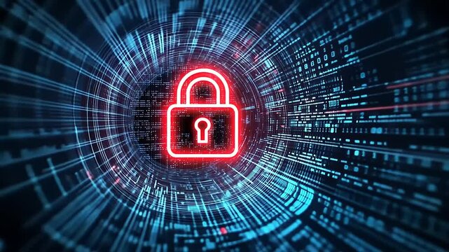 Abstract digital background with a glowing padlock symbolizing cybersecurity amidst data streams