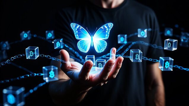 Glowing butterfly hovering over digital blockchain network technology cryptocurrency - Powered by Adobe