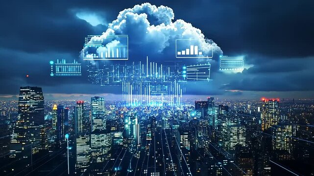 Futuristic city skyline at dusk with digital cloud technology and data visualization overlay - Powered by Adobe
