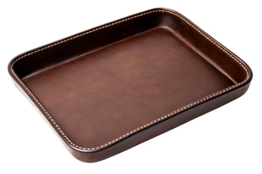 Empty brown leather valet tray isolated with transparent background