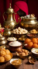 Fototapeta premium Golden dishes of various Indian sweets and rice