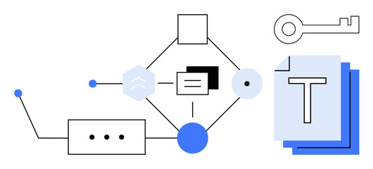 Geometric shapes interconnected by lines, a bold key symbol, and document icons. Ideal for process automation, data flow, encryption, security, teamwork, digital tools simple landing page