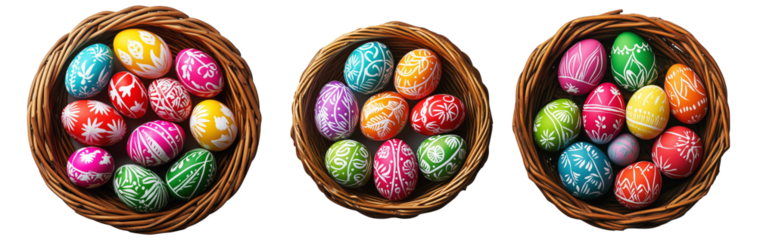 Top view wicker basket filled with colorful Easter eggs decorated with intricate white patterns, isolated on white transparent background. Festive holiday concept