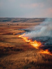 Professional Agricultural Firebreak Burning in Dry Steppe Landscape Premium Seasonal Rural Safety Content for Environmental Stewardship Marketing