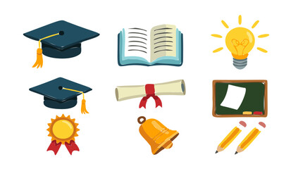 Hand Drawn Education Icons Set &ndash; Graduation Cap, Book, Diploma, Pencil, and Blackboard