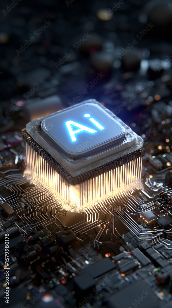 Fototapete A processor surrounded by illuminated circuits in shape of brain, the word 