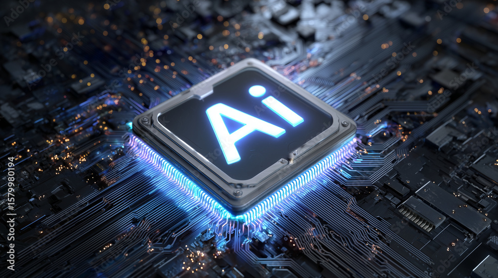 Poster a processor surrounded by illuminated circuits in shape of brain, the word 