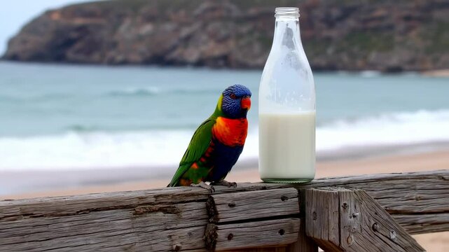 Colorful Parrot Beside Milk Bottle on Beach, Coastal Scene