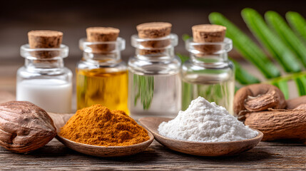 Ingredients for natural skincare products showcase turmeric, coconut milk, and oils on a rustic wooden surface