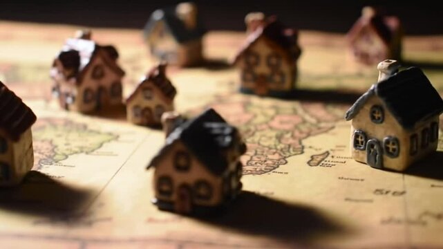 Miniature Houses Scattered On A Vintage World Map with Warm Lighting and Shallow Depth Of Field