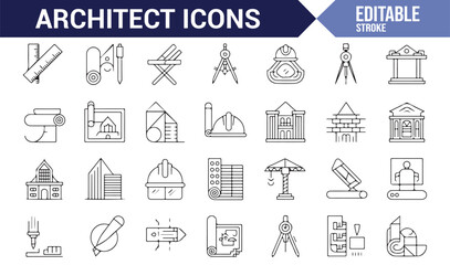 Detailed set of architect icons showcasing drafting, measurement tools, and construction equipment for the industry.