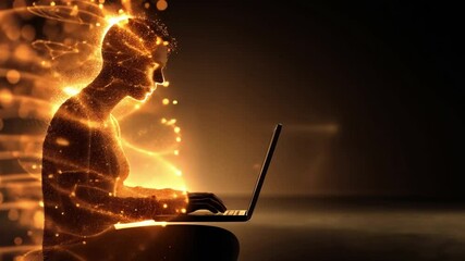 Digital Luminescence: A person engrossed in a laptop radiates golden energy, embodying the fusion of human intellect and technological innovation. - Powered by Adobe