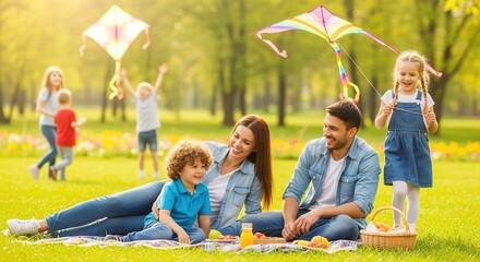 Family with children enjoy flying kites and picnicking in a park.