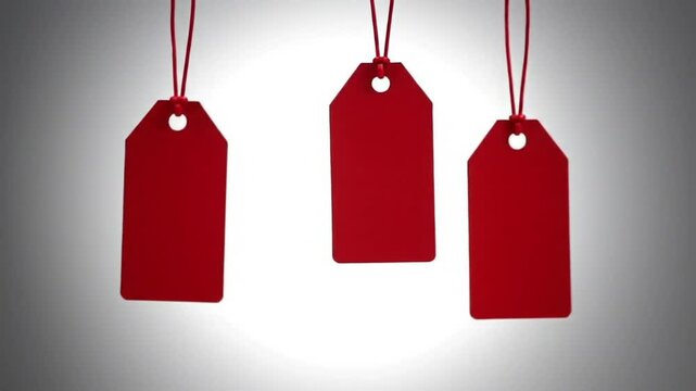 Three Red Tags Hanging by Red Strings with a Clean White and Gray Gradient Background for Retail Pricing and Product