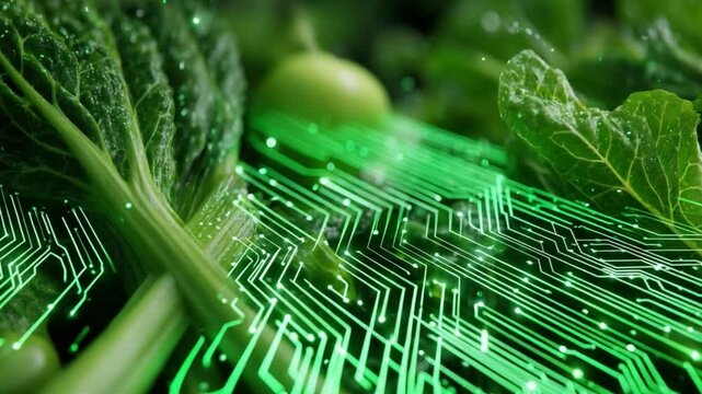 Tech-Infused Greens: A futuristic fusion of technology and nature, with vibrant green vegetables overlaid with a glowing circuit board design.