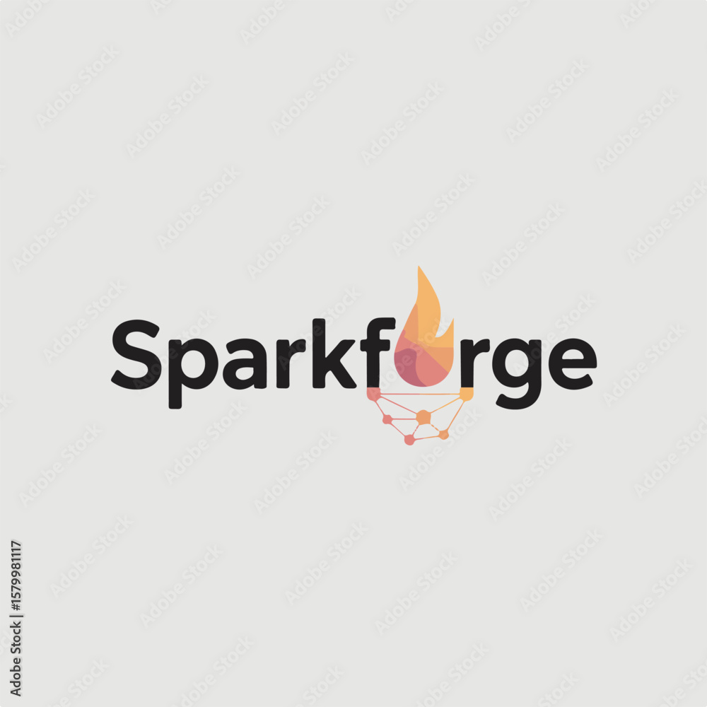 Poster a modern logo design for sparkforge featuring a flame element and connected network visual on light 