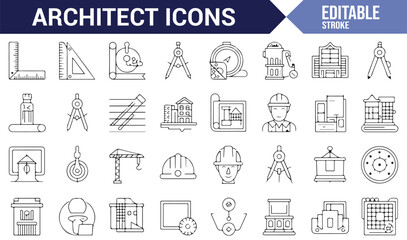 Professional architect and construction icons, representing drafting tools and construction equipment.