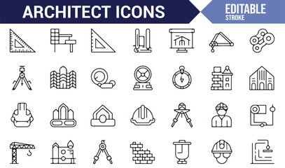 Architect icons collection showcasing tools, blueprints, and professionals for the construction and design industry.

