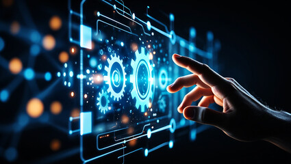 Hand interacting with glowing digital interface touching technology