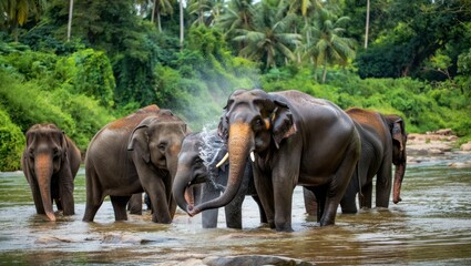 Fototapeta premium A herd of Asian elephants stands in a river, one spraying water with its trunk, surrounded by lush green vegetation.