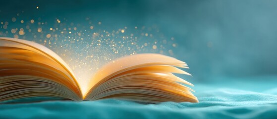 Premium glowing open book with ethereal light illumination on pages for modern education campaigns and inspiring literacy marketing content