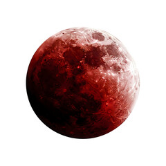 The red moon is isolated on transparent background, showing its cratered surface