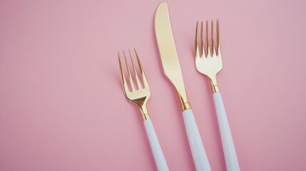 Gold cutlery with white handles on a pink background