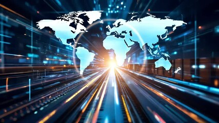 Global business concept: A digital blue globe showing a world map with binary data illustrates worldwide internet communication and technology high-quality animation video - Powered by Adobe